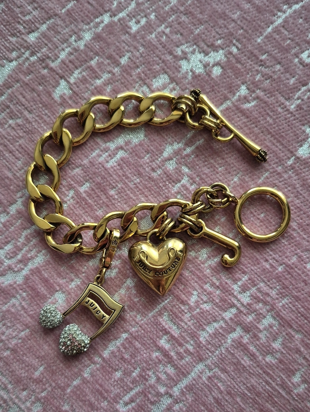 Juicy Couture Gold Tone Heart Charm Bracelet Original Plus Music Note Charm